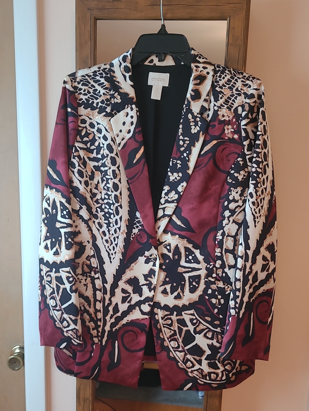Chico's Paisley Print Blazer in Burgundy, Navy & Cream